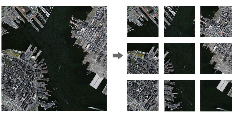 Obrázek 16: Dělení družicového snímku na dlaždice (zdroj: http://www.avenza.com/help/geographic-imager/5.0/tiling_images.htm)