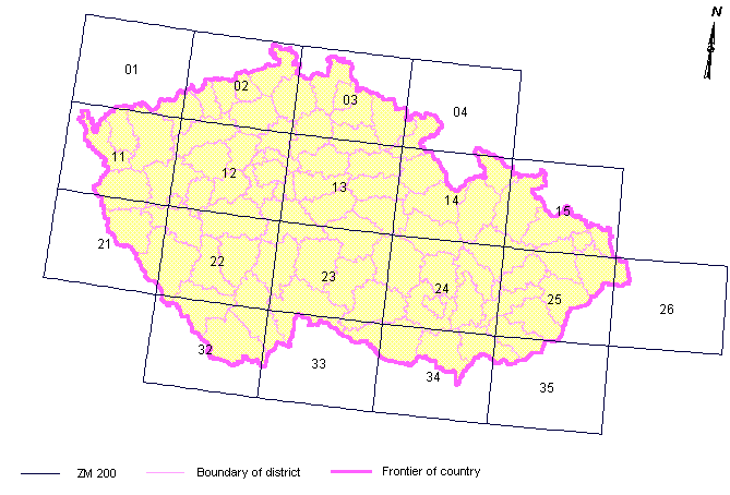 Obrázek 15: Dělení území - klady listů ZM 1:200 000 (zdroj: http://zpravodajstvi.ecn.cz/rtk/catalogue-gis/eng/polohop/arccr/klad.htm)